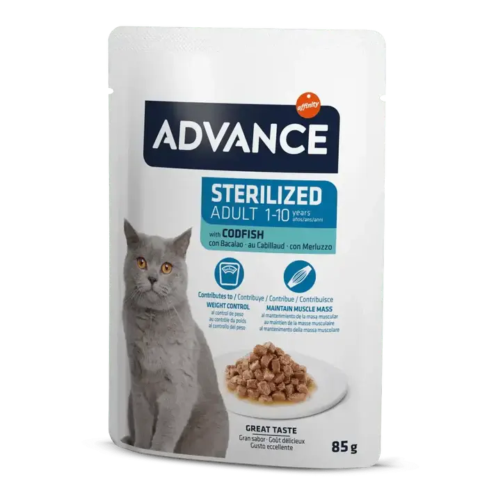 ADVANCE CAT BOCADITOS EN SALSA PARA GATOS ESTERILIZADOS - CON BACALAO 85GR AFFINITY PETCARE, S.A. UNIPERSONAL