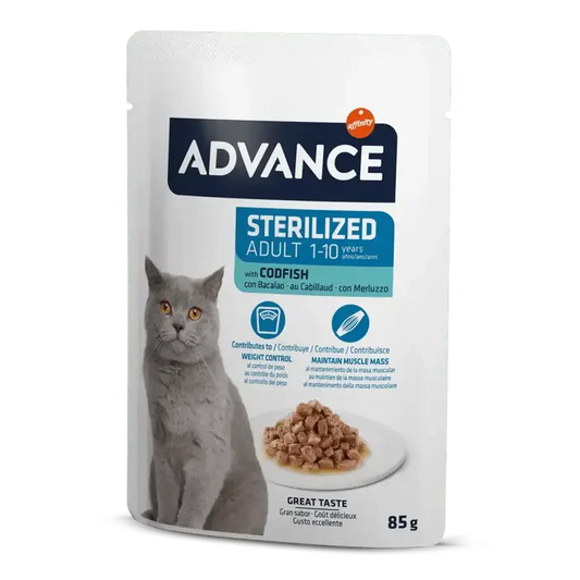 ADVANCE CAT BOCADITOS EN SALSA PARA GATOS ESTERILIZADOS - CON BACALAO 85GR AFFINITY PETCARE, S.A. UNIPERSONAL