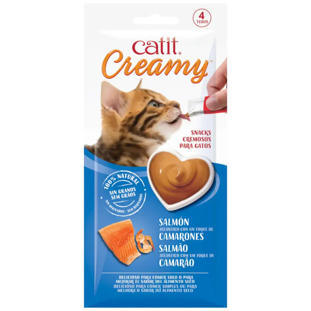 Catit Snack Gatos Creamy Liquido Salmón/Gambas 4X10 g al mejor precio -Todoanimal.es