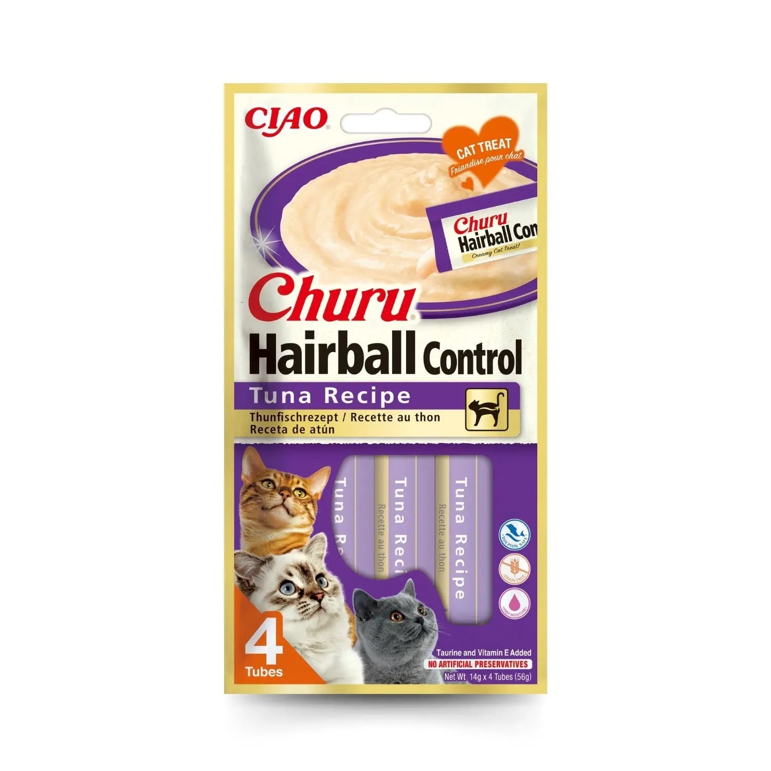 Churu CAT Hairball Pack 4x14gr | Snack Líquido Control Bolas de Pelo para Gatos INABA