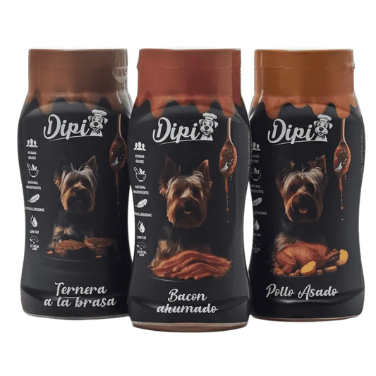 Dipi Salsa para Perros 300 ml con Ingredientes Naturales | Pollo Asado, Bacon Ahumado y Ternera a la Brasa al mejor precio -Todoanimal.es