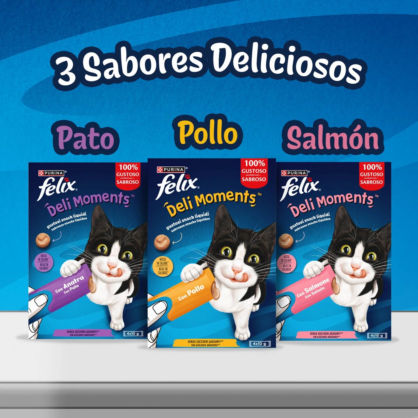 Felix Deli Moments Pack 4x10 g - Snack Líquido para Gatos | Pollo, Salmón o Pato al mejor precio -Todoanimal.es