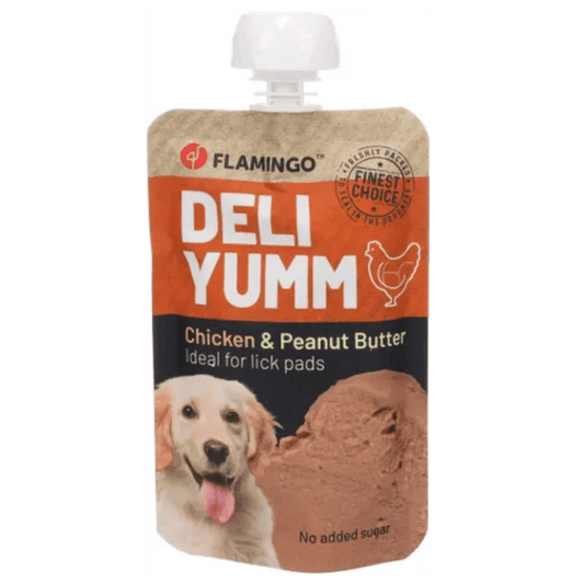 Flamingo Deli Yumm Paté Pollo y Mantequilla de Cacahuetes Snack Líquido para Perros al mejor precio -Todoanimal.es