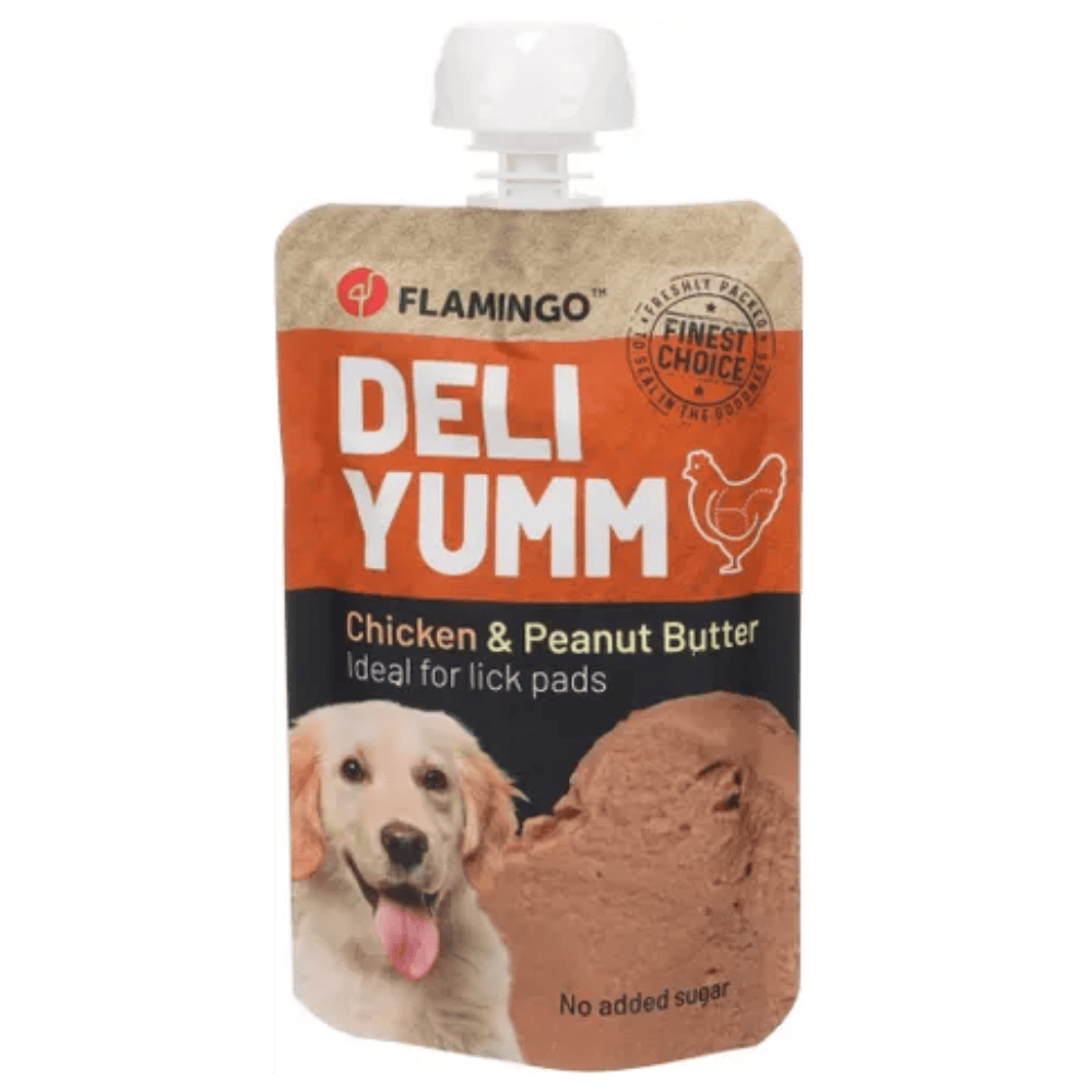 Flamingo Deli Yumm Paté Pollo y Mantequilla de Cacahuetes Snack Líquido para Perros al mejor precio -Todoanimal.es