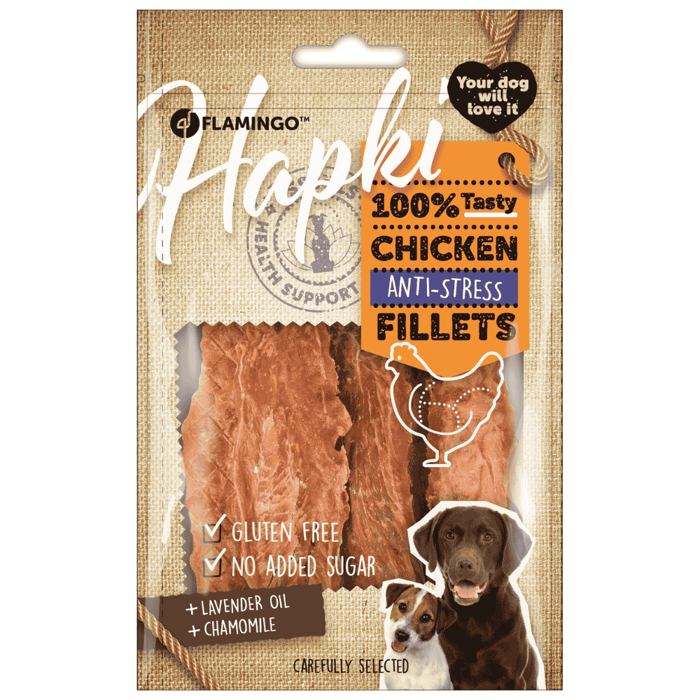 Flamingo Hapki Filetes de Pollo Relajantes Snack Antiestrés para Perros al mejor precio -Todoanimal.es