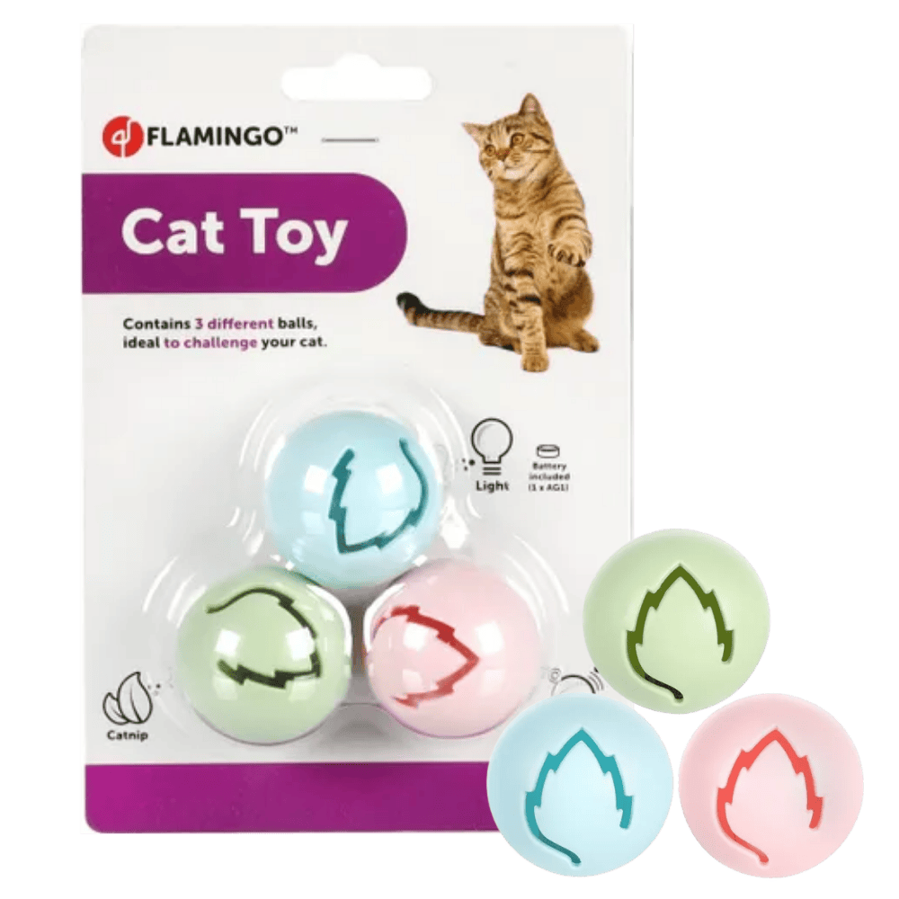 Flamingo Juguete Electrónico Iris para Gatos - Pack 3 Pelotas con Luces, Sonidos y Catnip - Incluye Pilas al mejor precio -Todoanimal.es