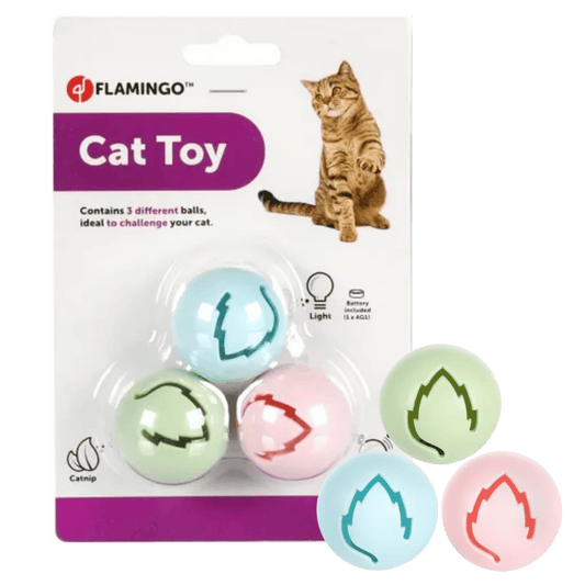 Flamingo Juguete Electrónico Iris para Gatos - Pack 3 Pelotas con Luces, Sonidos y Catnip - Incluye Pilas al mejor precio -Todoanimal.es