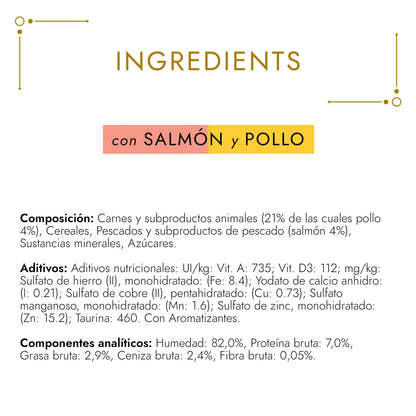 Gourmet Gold Bocaditos Salmón&Pollo 85 g al mejor precio -Todoanimal.es