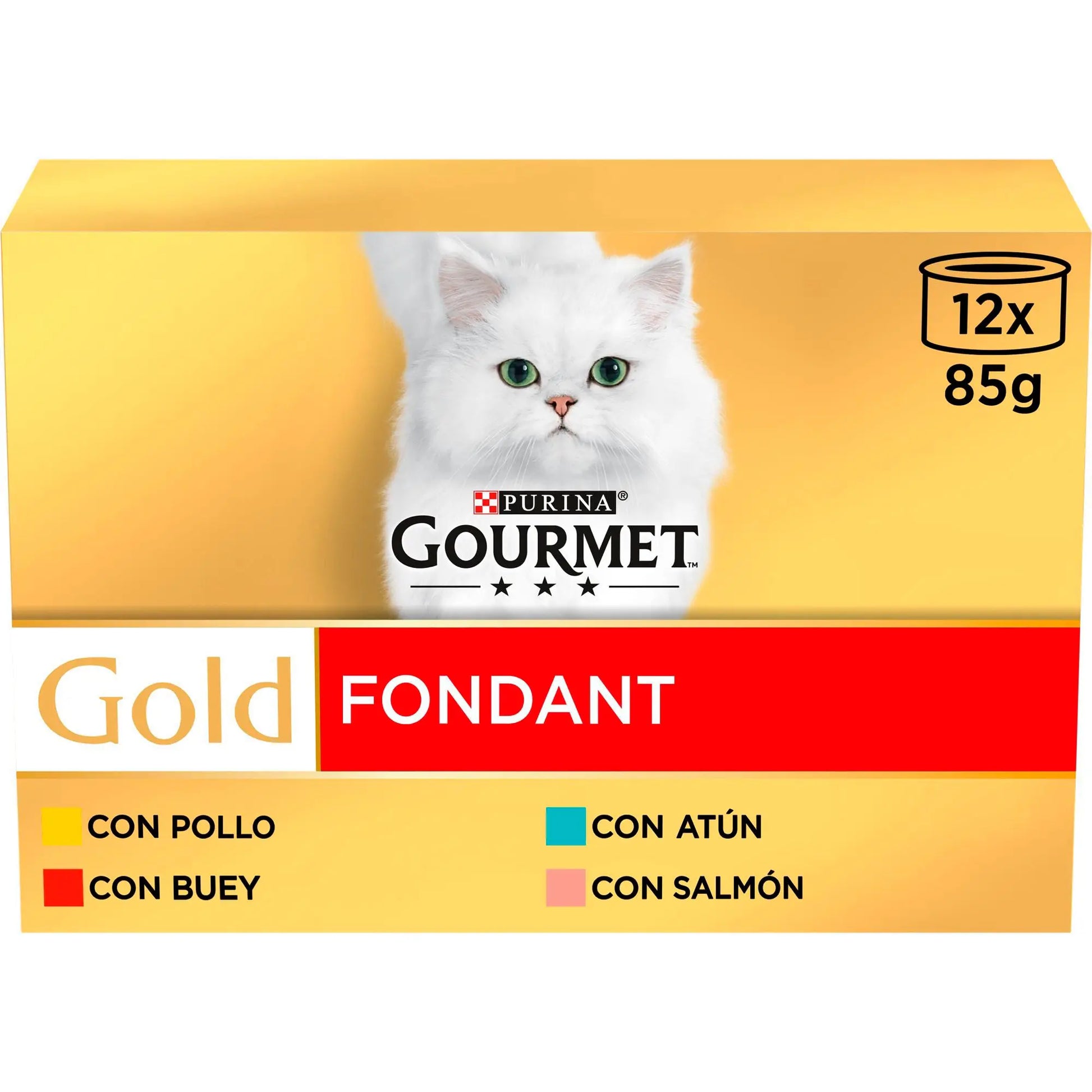 Gourmet Gold Fondant Pollo, Buey, Atún y Salmón Pack 12x85 g al mejor precio -Todoanimal.es