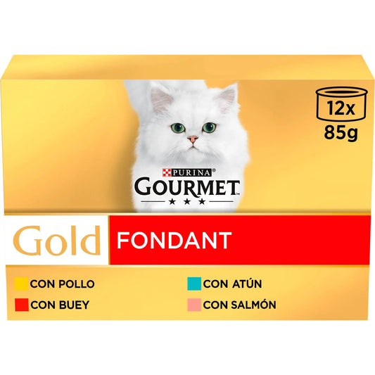 Gourmet Gold Fondant Pollo, Buey, Atún y Salmón Pack 12x85 g al mejor precio -Todoanimal.es