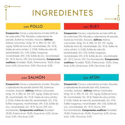 Gourmet Gold Fondant Pollo, Buey, Atún y Salmón Pack 12x85 g al mejor precio -Todoanimal.es