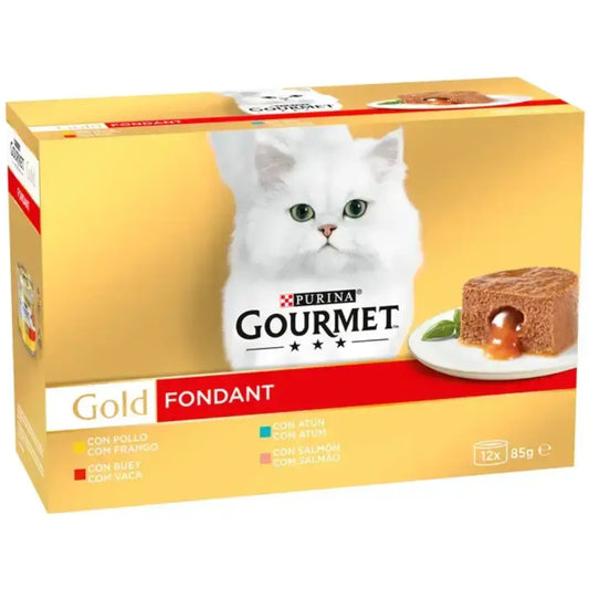 Gourmet Gold Fondant Pollo,Buey,Atún,Salmón Pack 12X85 g al mejor precio -Todoanimal.es