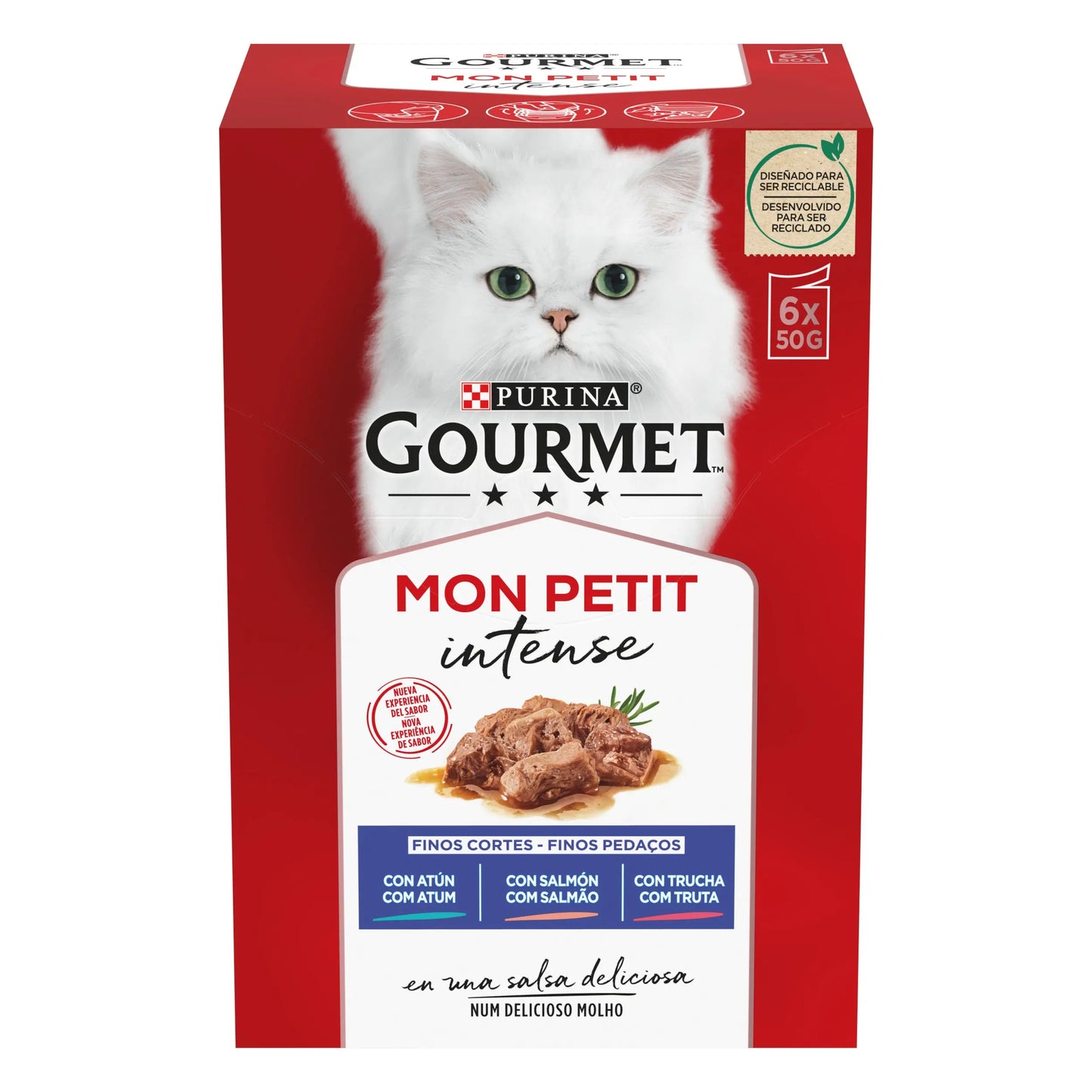 Gourmet Mon Petit Atún, Salmón y Trucha Pack 6x50 g al mejor precio -Todoanimal.es