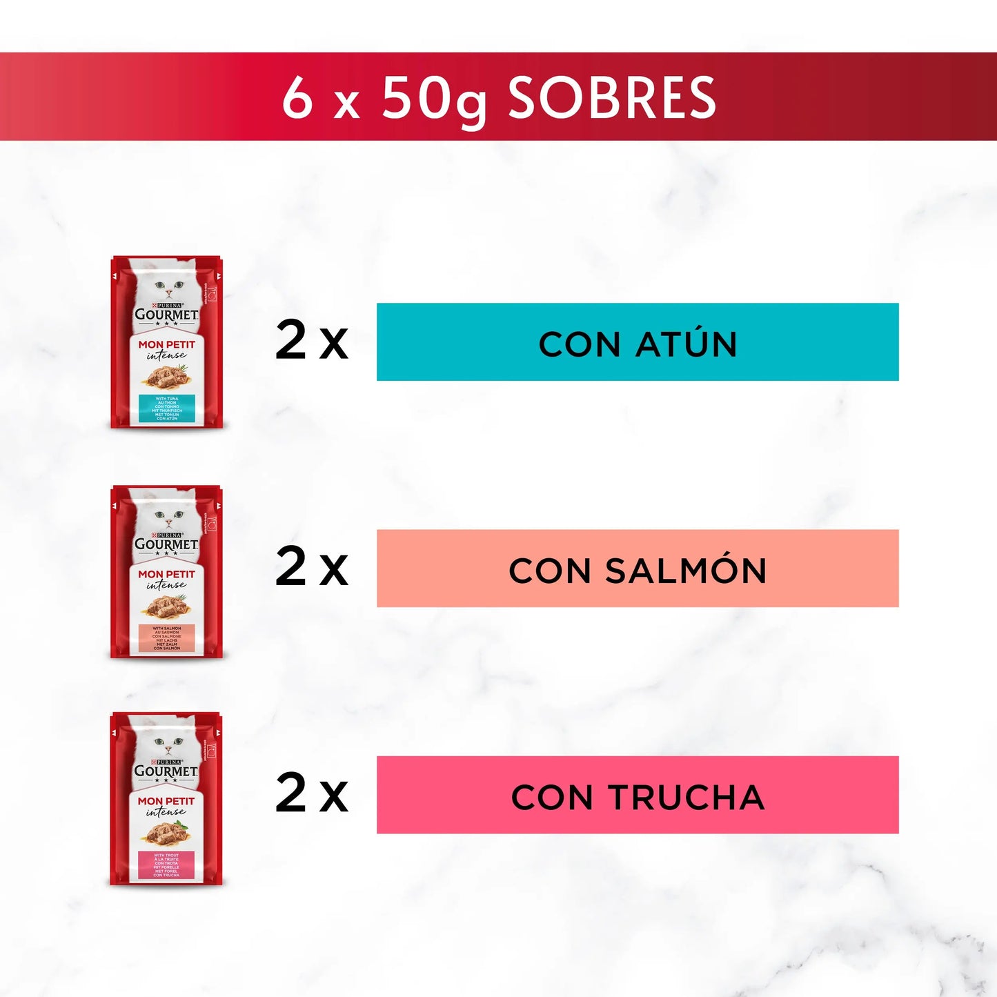 Gourmet Mon Petit Atún, Salmón y Trucha Pack 6x50 g al mejor precio -Todoanimal.es