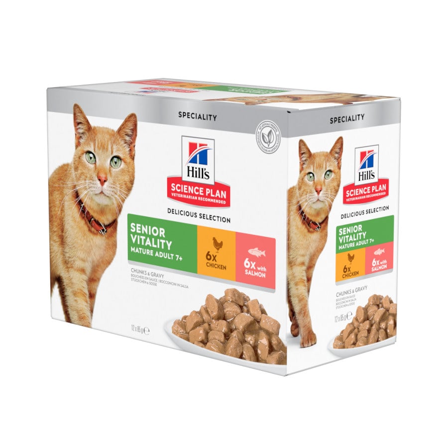 Hill's SP Feline Senior Vitality Pollo y Salmón 85 g Pack 12 udes al mejor precio -Todoanimal.es