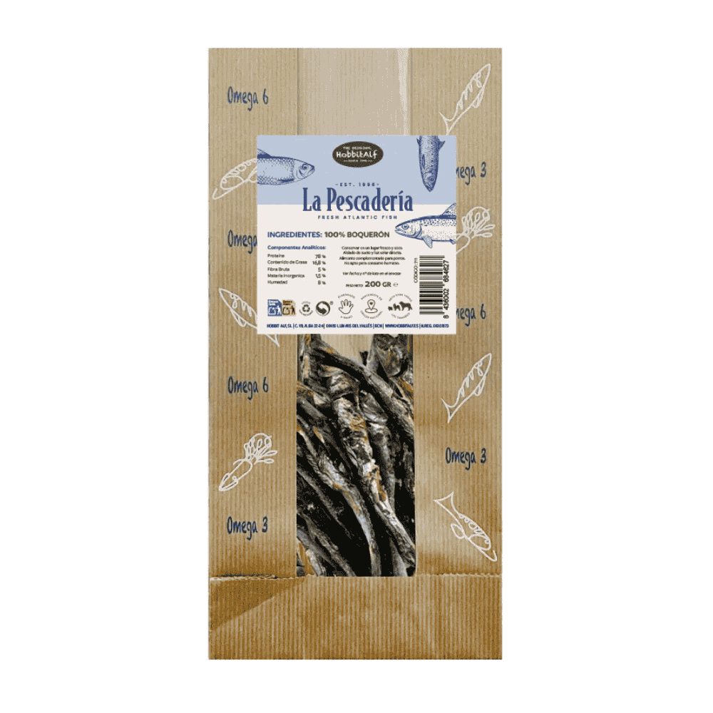 Hobbitalf La Pescadería Boquerones 200 g Snack 100% Natural para Perros al mejor precio -Todoanimal.es