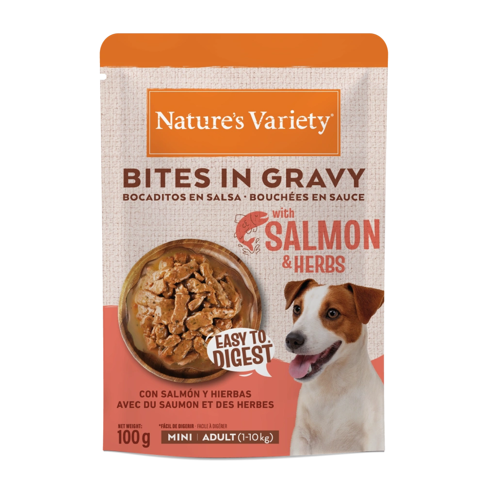 Nature's Variety Dog Bites in Gravy Mini Salmón y Hierbas Comida Húmeda para Perros 100g al mejor precio -Todoanimal.es