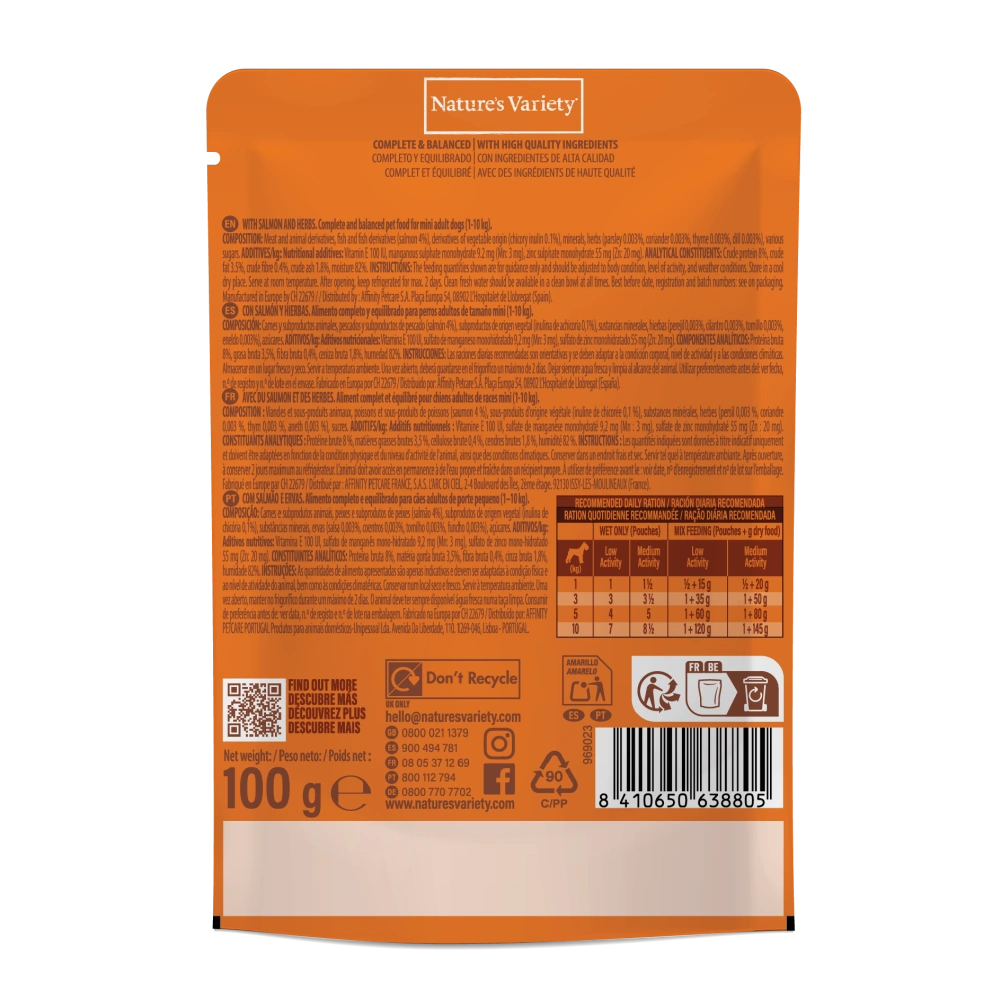 Nature's Variety Dog Bites in Gravy Mini Salmón y Hierbas Comida Húmeda para Perros 100g al mejor precio -Todoanimal.es
