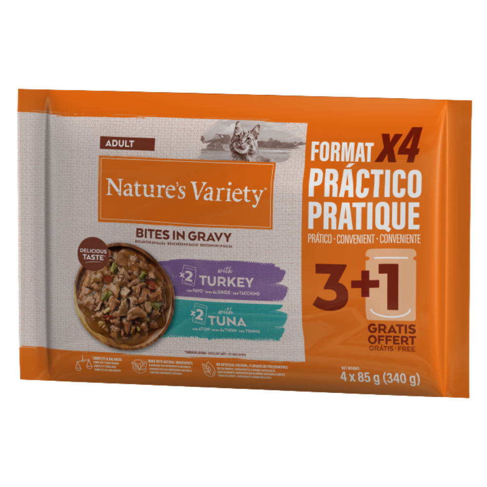 Nature's Variety Pack 4 Bocaditos en Salsa con Pavo y Atún 85 g Comida Húmeda para Gatos al mejor precio -Todoanimal.es