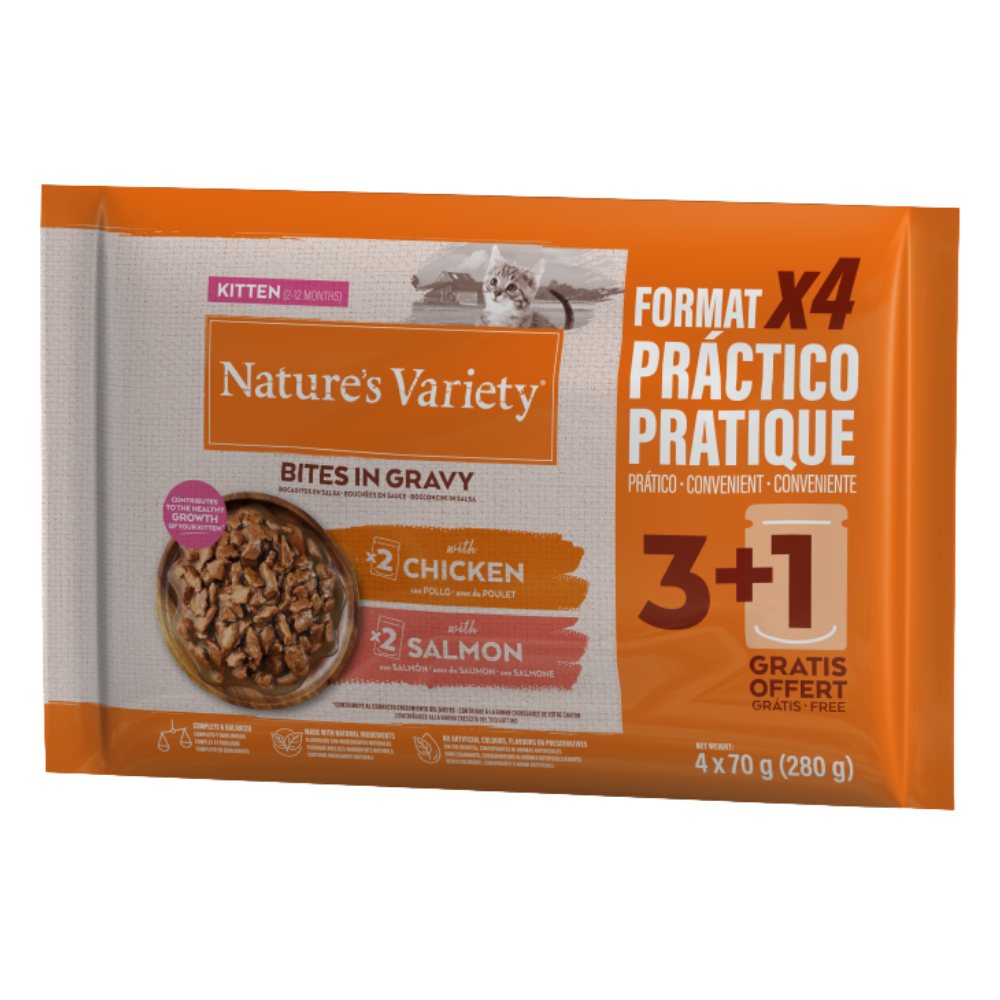 Nature's Variety Pack 4 Bocaditos en Salsa con Pollo y Salmón 85 g Comida Húmeda para Gatos al mejor precio -Todoanimal.es