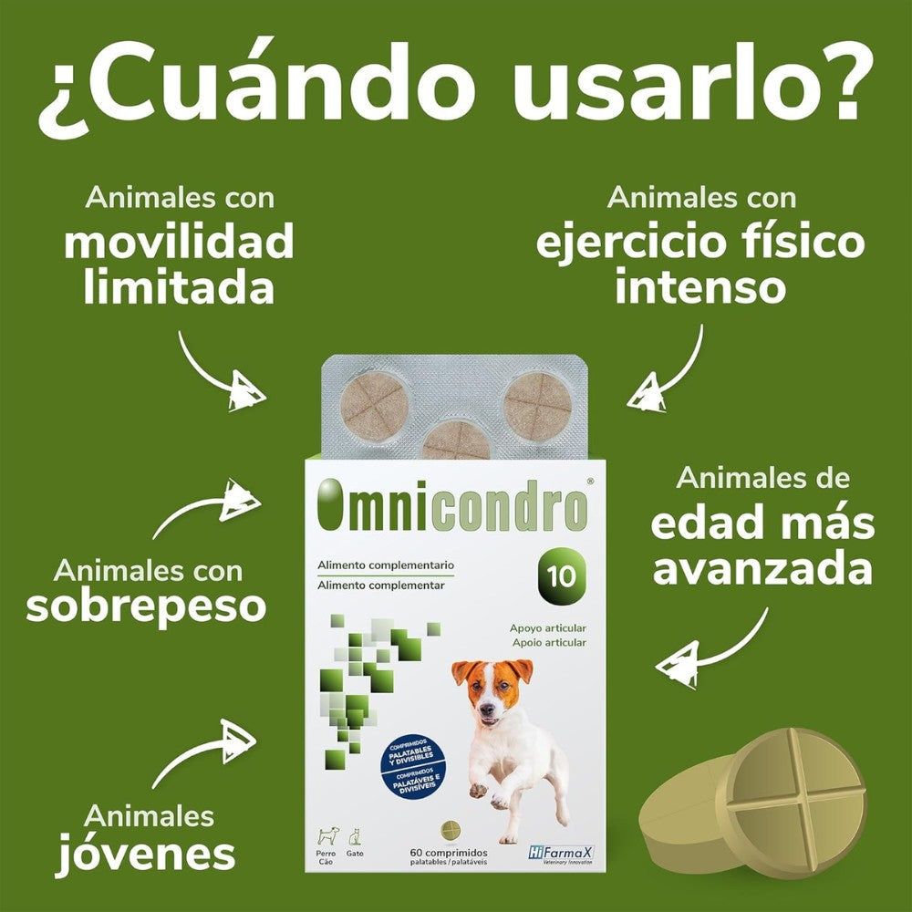 Omnicondro 10 | 60 comprimidos | Condroprotector para Perros, Gatos y Cachorros con Glucosamina y Condroitina | Suplemento Nutricional para Reforzar Articulaciones | Hifarmax al mejor precio -Todoanimal.es