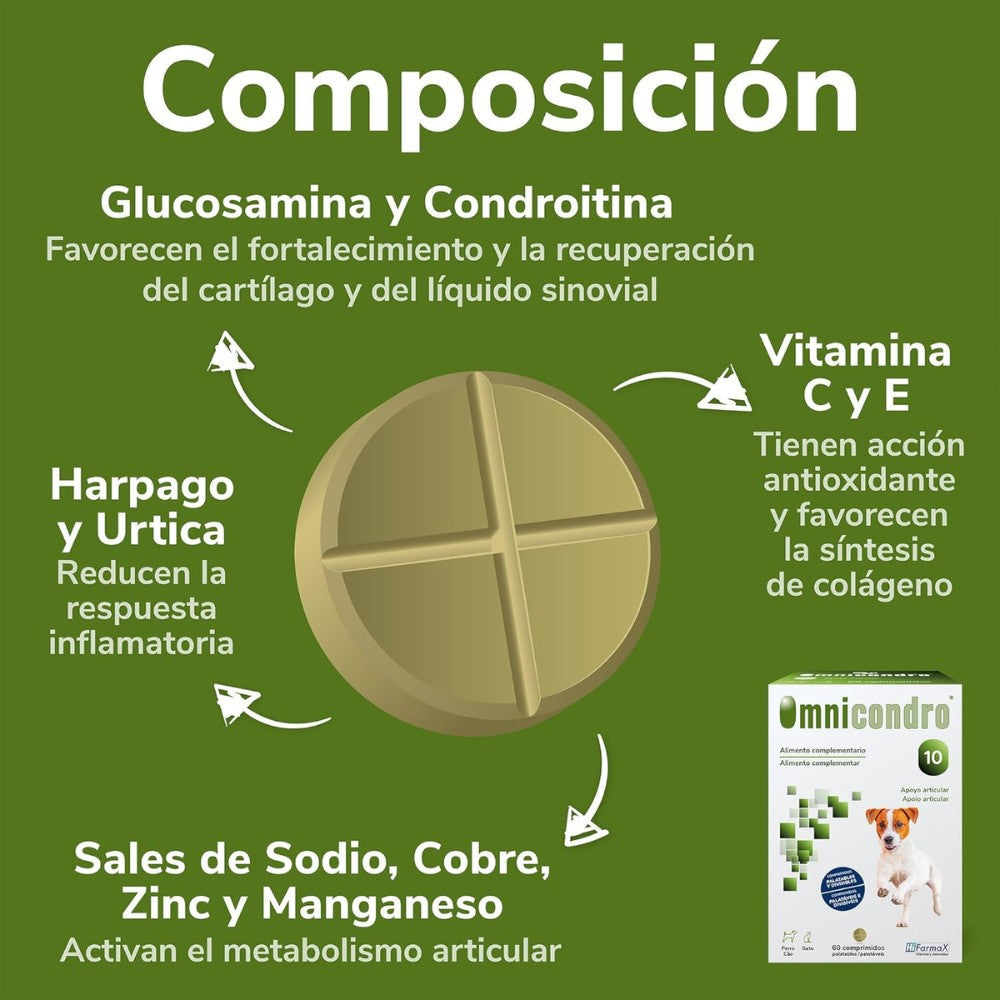 Omnicondro 10 | 60 comprimidos | Condroprotector para Perros, Gatos y Cachorros con Glucosamina y Condroitina | Suplemento Nutricional para Reforzar Articulaciones | Hifarmax al mejor precio -Todoanimal.es