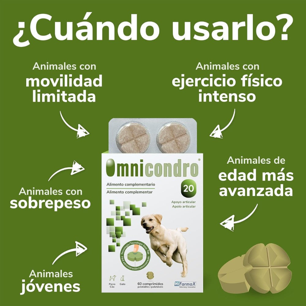 Omnicondro 20 | 60 comprimidos | Condroprotector para Perros y Gatos con Glucosamina y Condroitina | Suplemento Nutricional para Reforzar Articulaciones | Hifarmax al mejor precio -Todoanimal.es