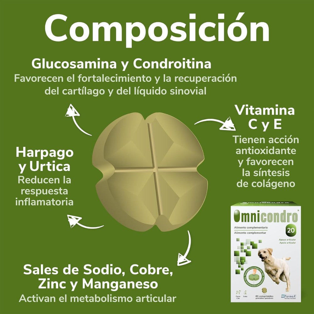 Omnicondro 20 | 60 comprimidos | Condroprotector para Perros y Gatos con Glucosamina y Condroitina | Suplemento Nutricional para Reforzar Articulaciones | Hifarmax al mejor precio -Todoanimal.es