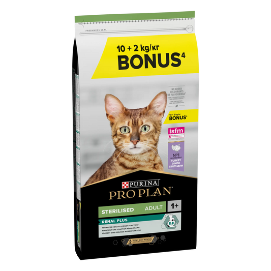 Pro Plan Cat Sterilized Adult Renal+ Pavo 10 kg+2 kg gratis al mejor precio -Todoanimal.es