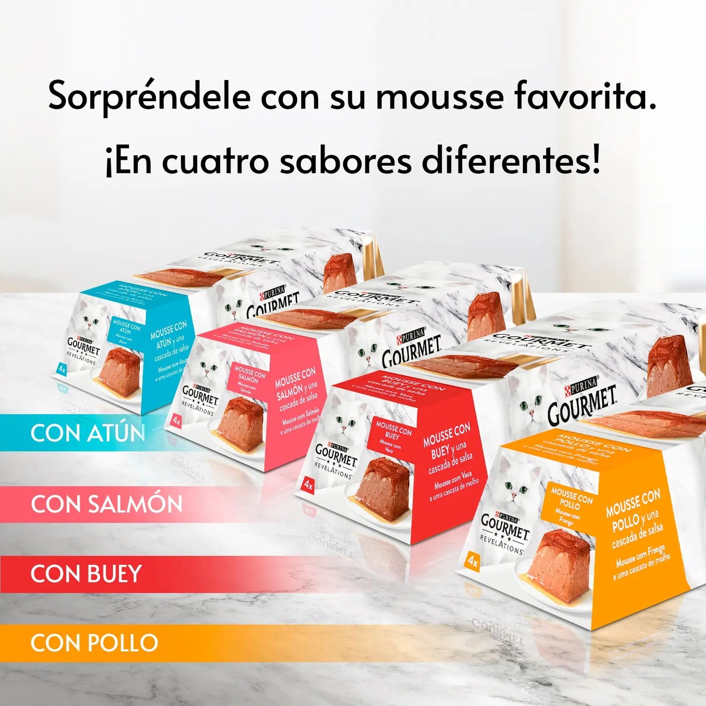 Purina Gourmet Revelations Pirámides Mousse para Gatos Pack 4x57 g al mejor precio -Todoanimal.es