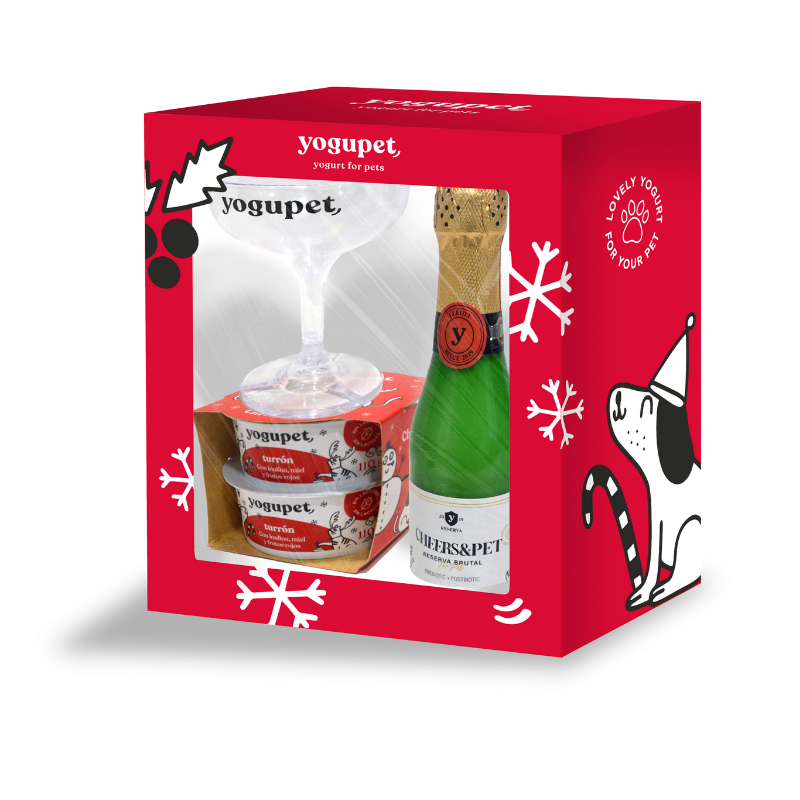 Yogupet Navidad Pack Champán Cheers&Pet + Copa Bebedero + 2 Yogurt de Turrón para perros y Gatos al mejor precio -Todoanimal.es